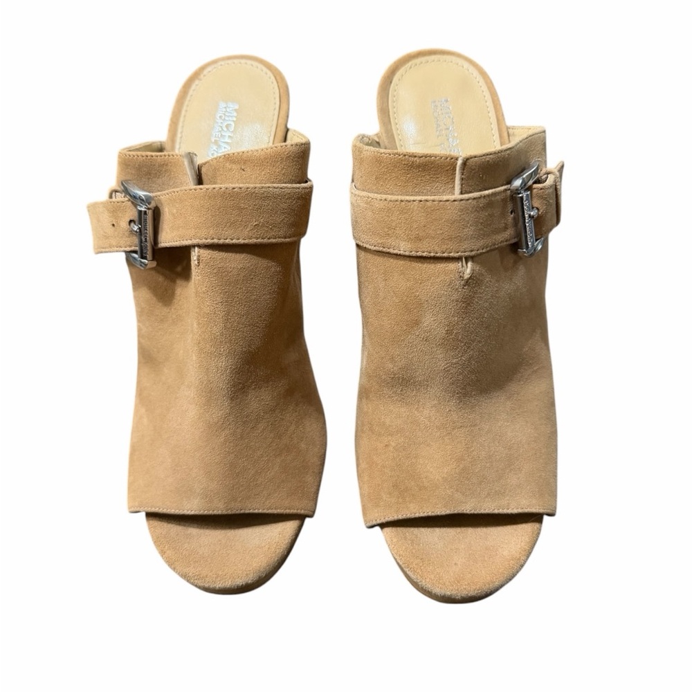 Michael Kors Tan Suede Open-Toe Buckle Mules. Size 9M. Gently Used